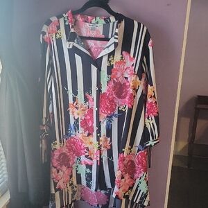 Floral Striped Button-Up Blouse